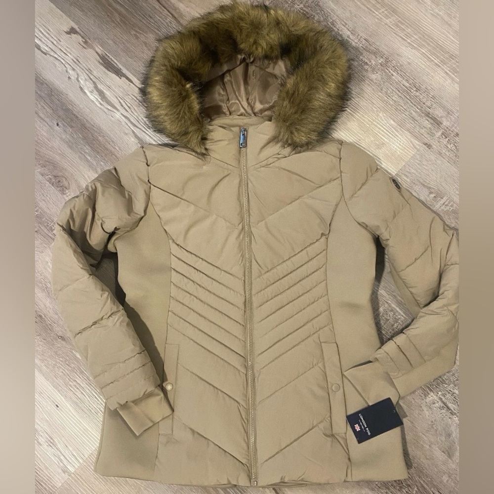 London Fog Winter Quilted Jacket/Coat Faux Fur Removable Hood, Taupe Women's L
